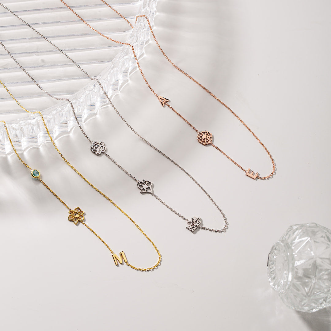 Custom Necklace with Birthflower, Birthstone and Initial