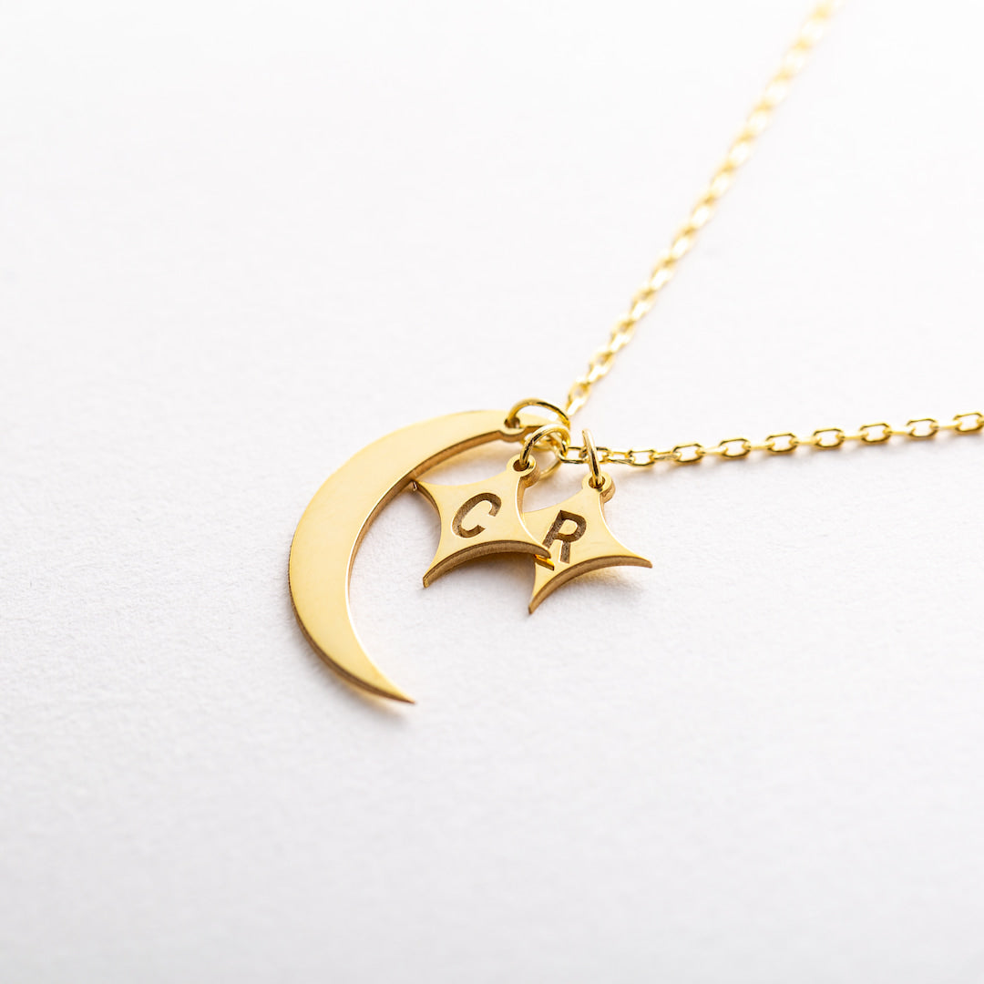 Custom Necklace with Crescent Moon, Stars and Initials 