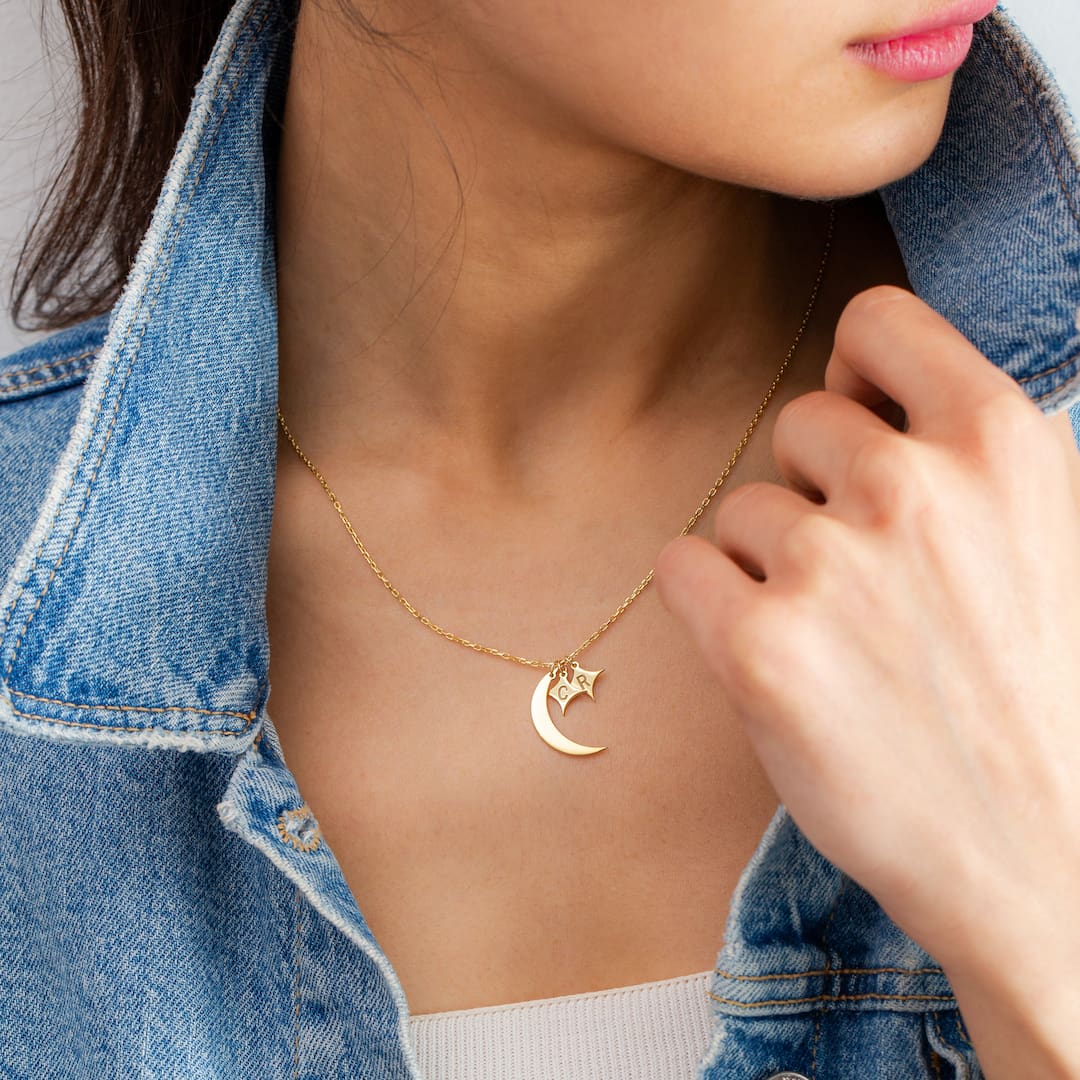 Custom Necklace with Crescent Moon, Stars and Initials 