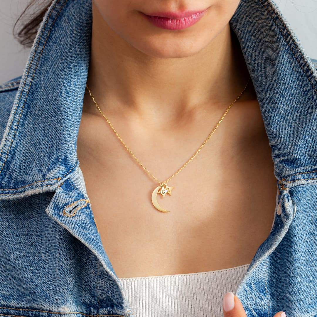 Custom Necklace with Crescent Moon, Stars and Initials 