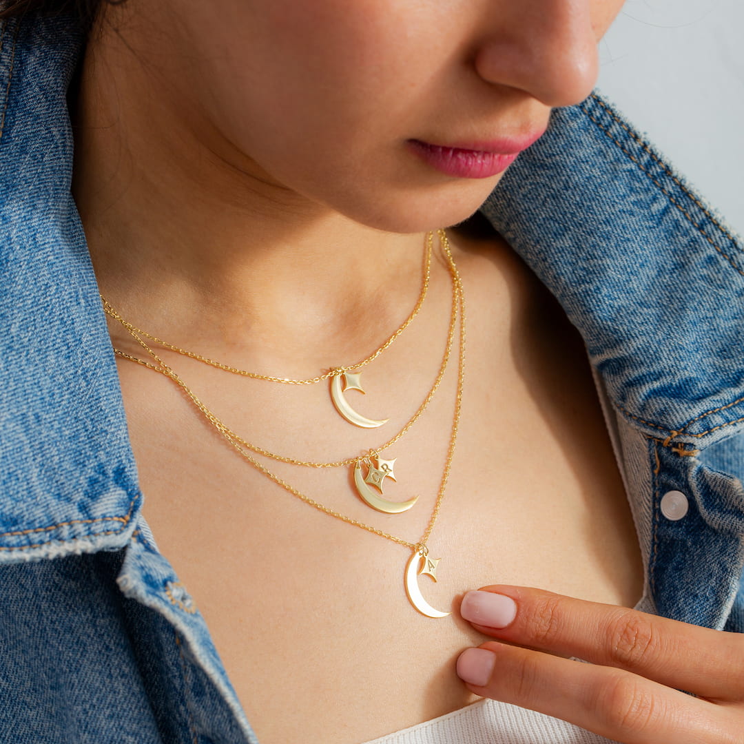 Custom Necklace with Crescent Moon, Stars and Initials 