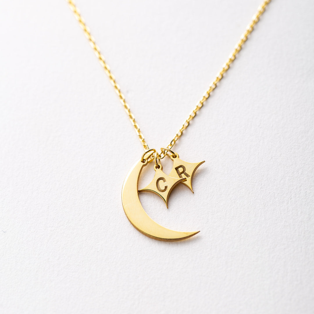 Custom Necklace with Crescent Moon, Stars and Initials 