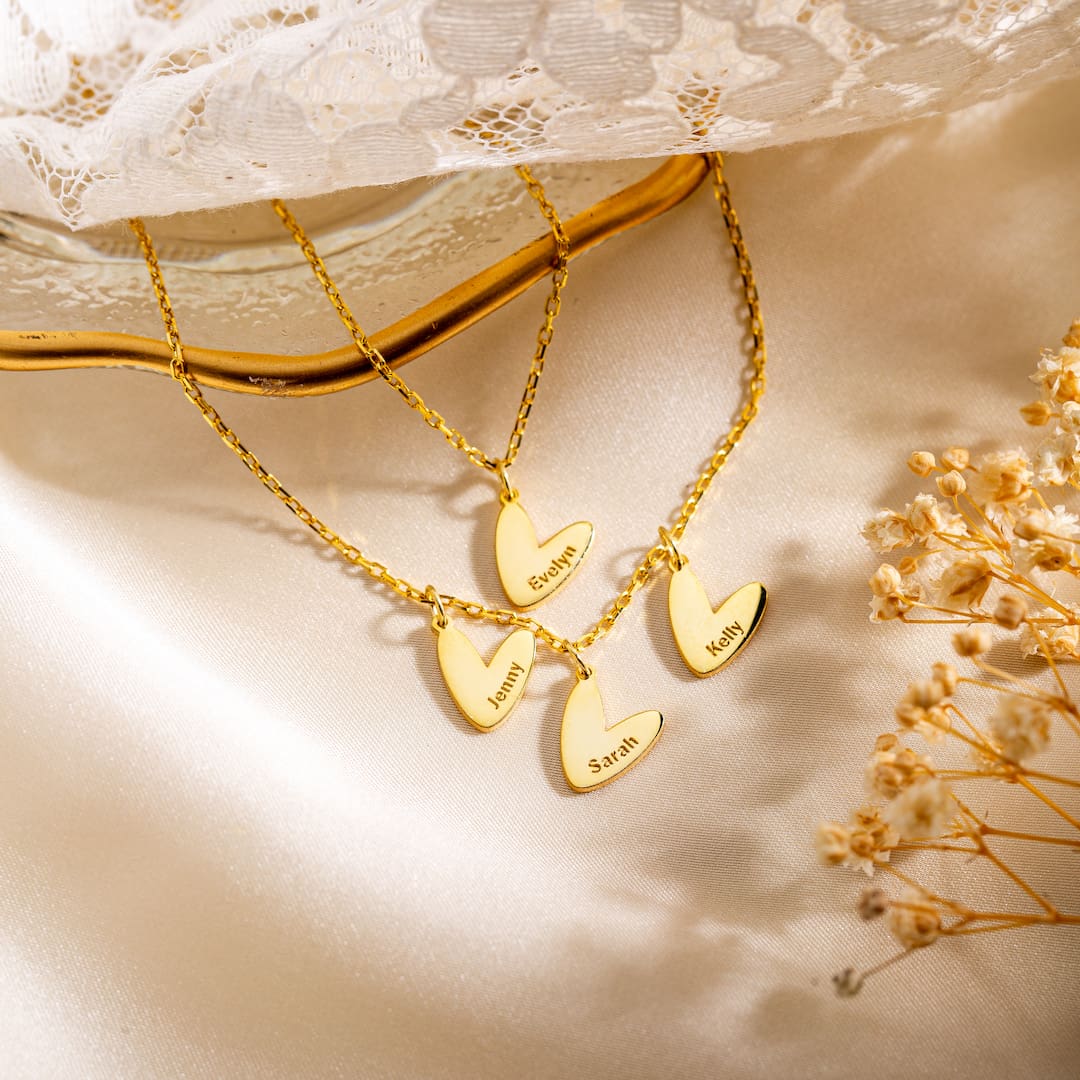 Custom Necklace with Engraved Heart Name Pendants