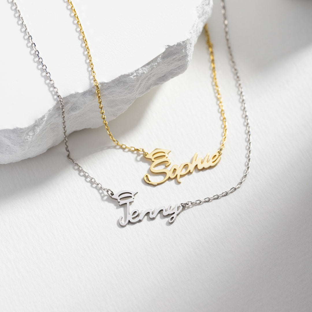 Custom Necklace with Graduation Nameplate and Cap