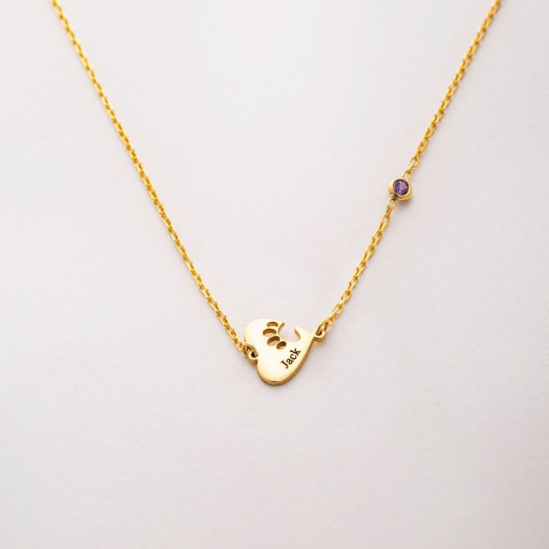 Custom Necklace with Heart, Paw Print & Birthstone