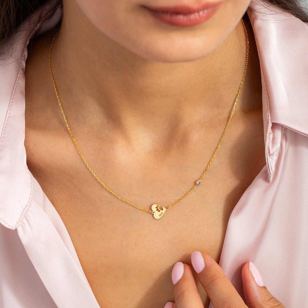 Custom Necklace with Heart, Paw Print & Birthstone