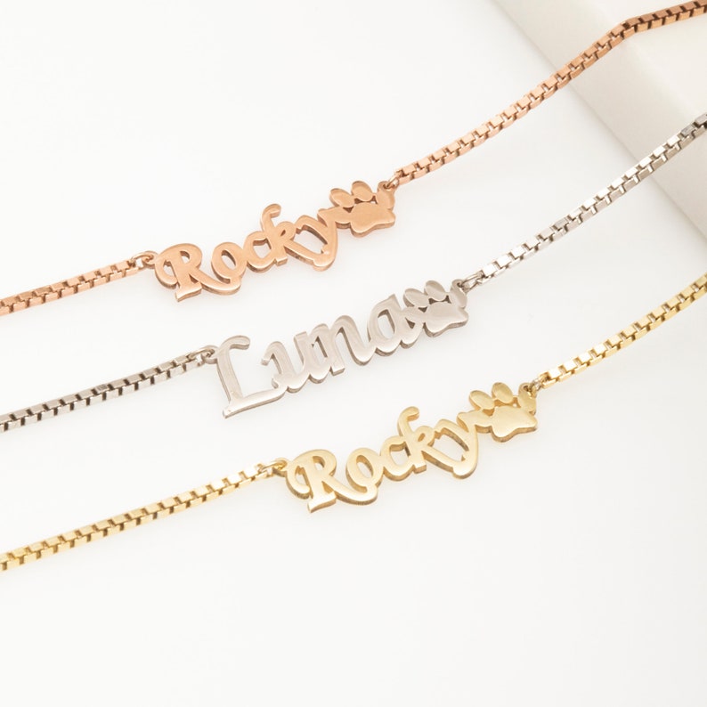 Custom Necklace with Paw Charm Name and Box Chain
