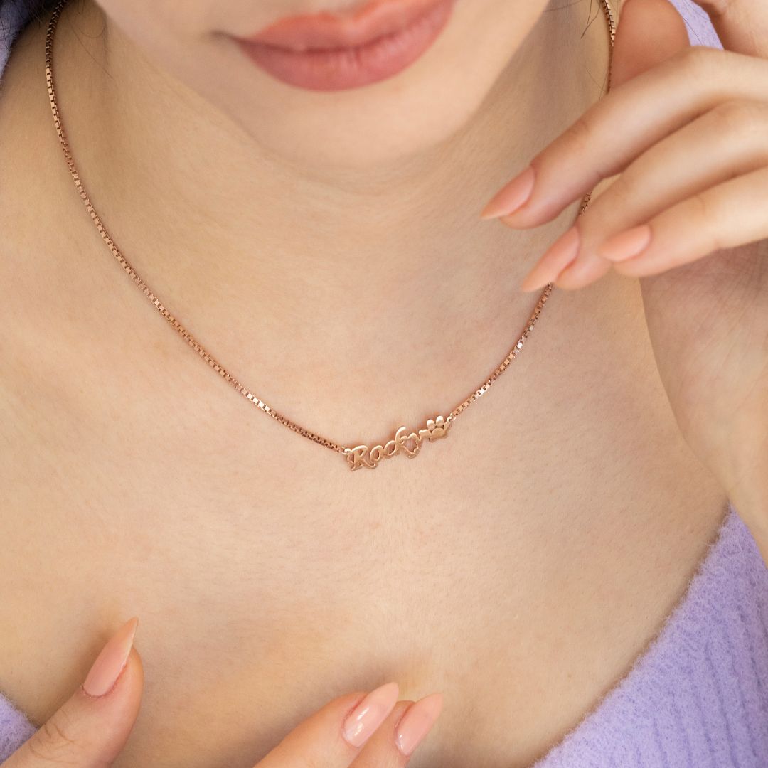 Custom Necklace with Paw Charm Name and Box Chain