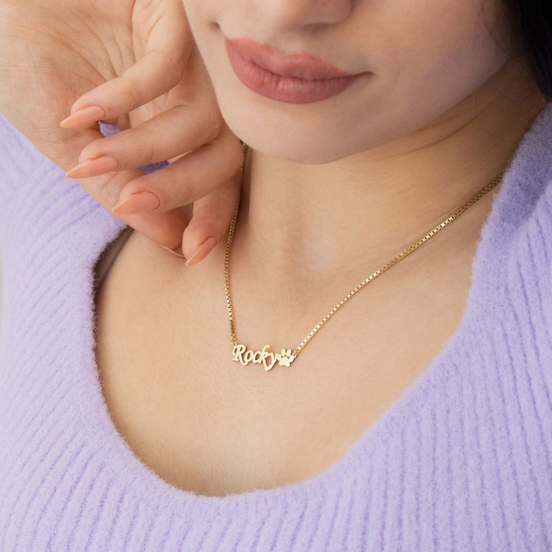 Custom Necklace with Paw Charm Name and Box Chain