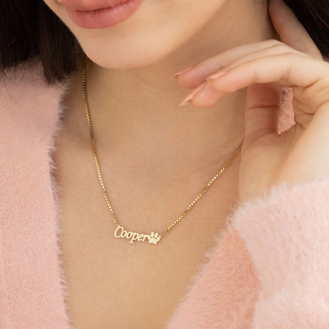 Custom Necklace with Paw Charm Name and Box Chain