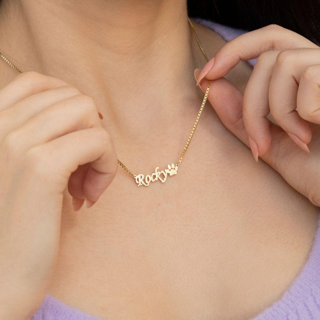 Custom Necklace with Paw Charm Name and Box Chain
