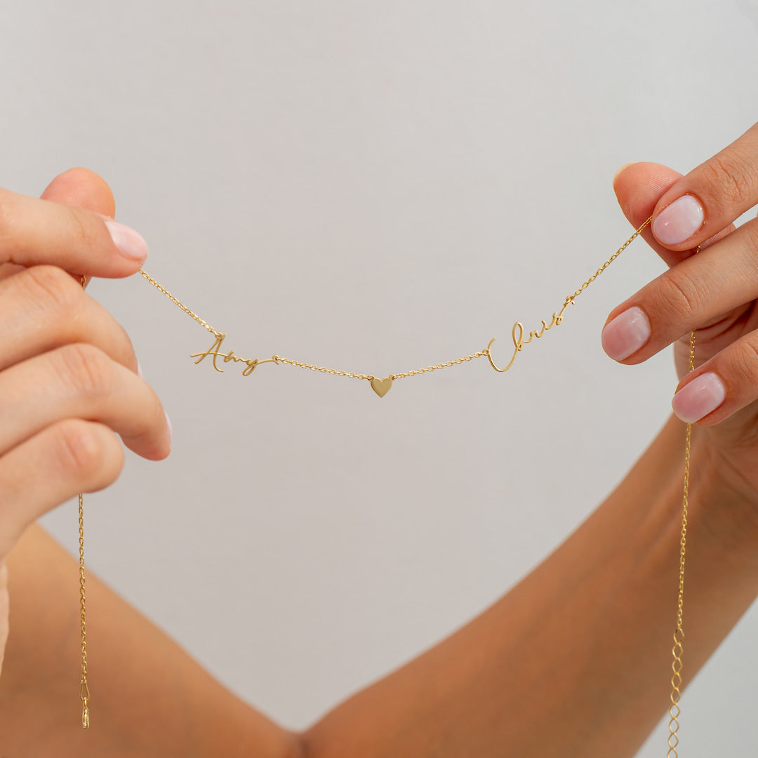 Custom Necklace with Two Names and Heart Design