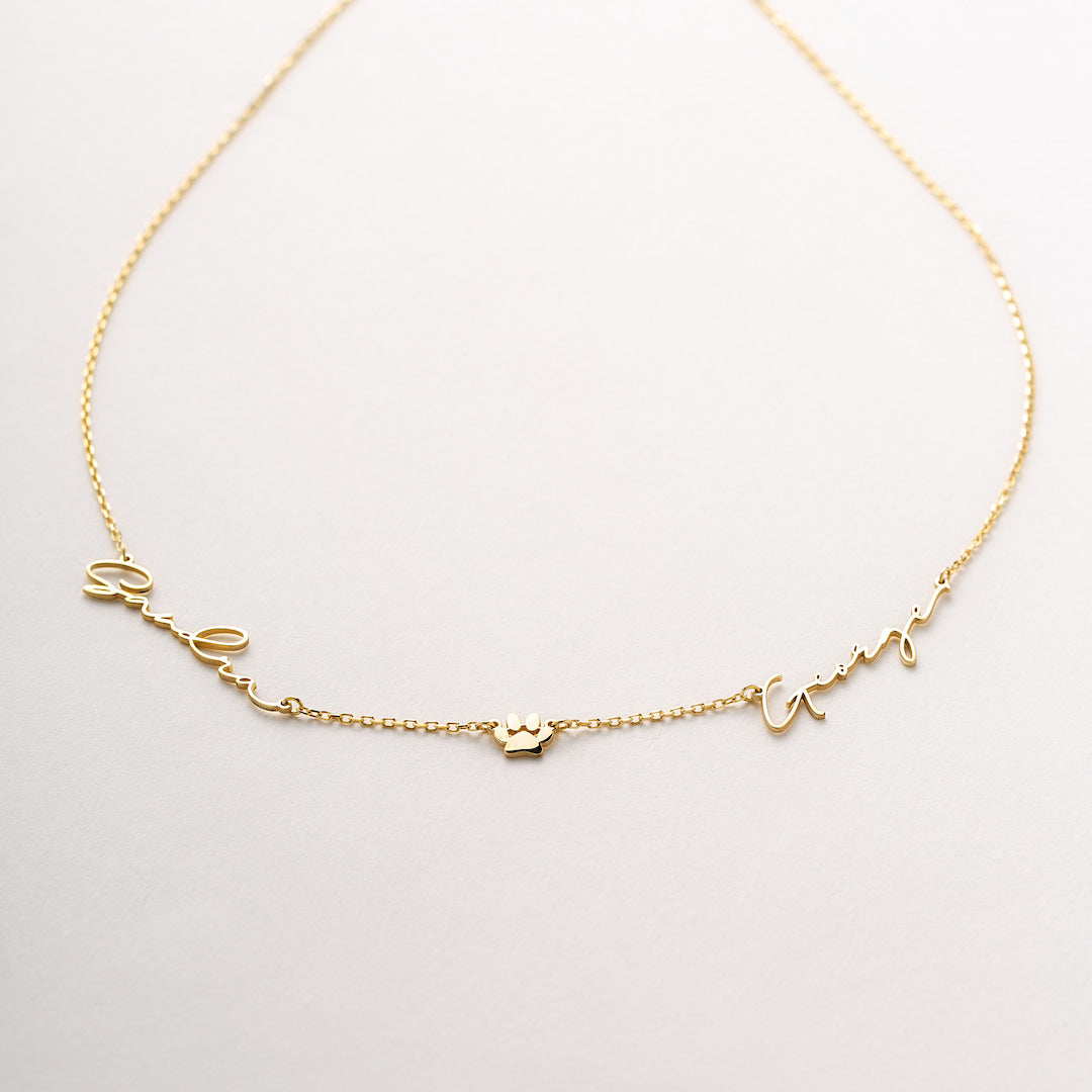 Custom Necklace with Two Names and Pawprint Charm
