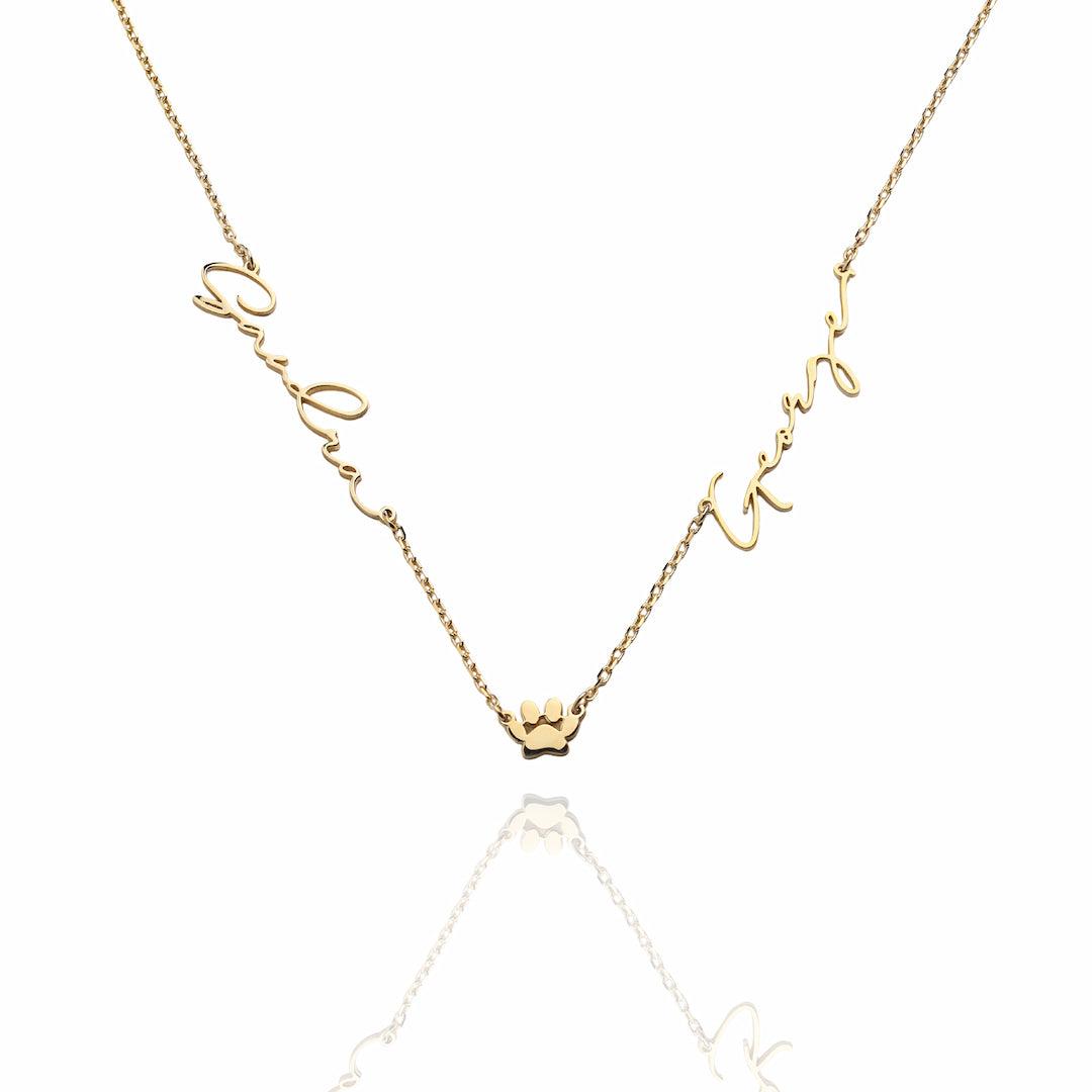 Custom Necklace with Two Names and Pawprint Charm
