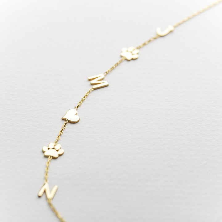14K Solid Gold Sideways Paw Initial Necklace
