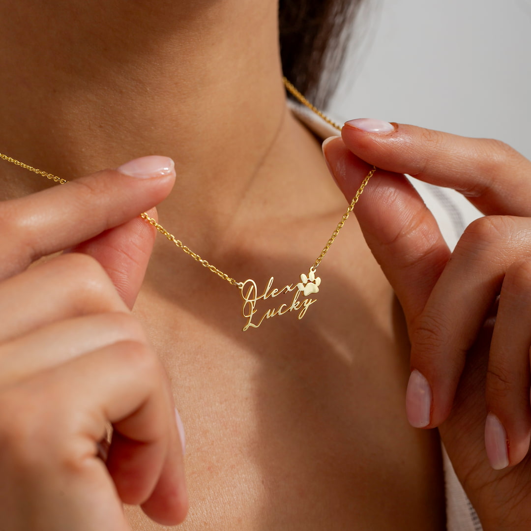 Double  name necklace with paw print necklace