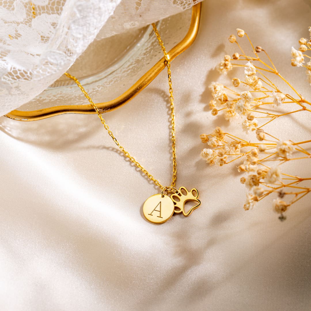Engraved Disc Paw Pendant Charm Necklace 