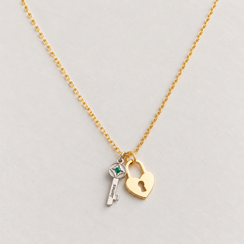 Engraved Key & Heart Lock Birthstone Necklace