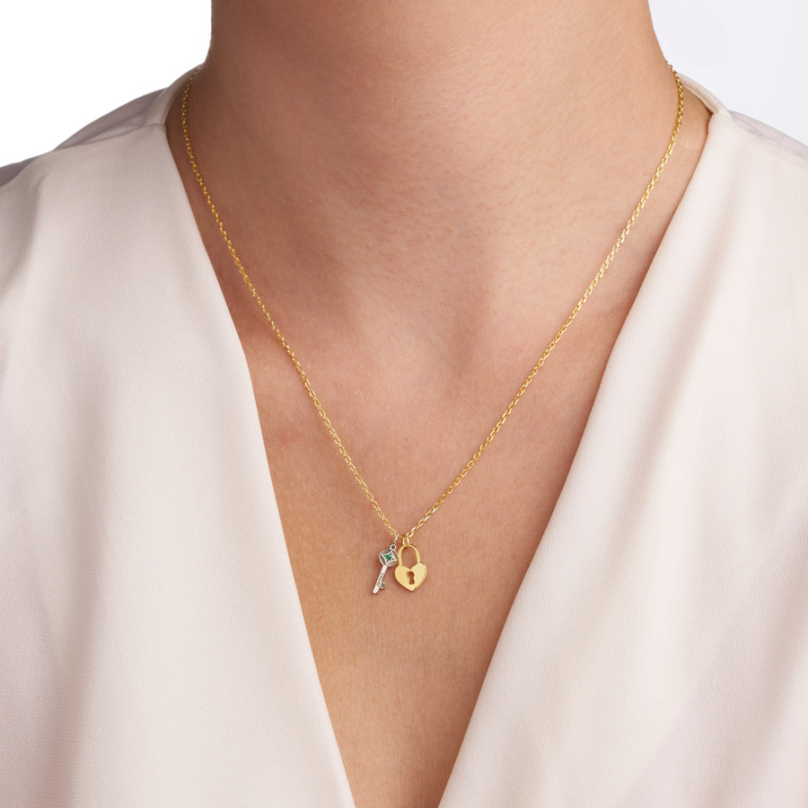 Engraved Key & Heart Lock Birthstone Necklace