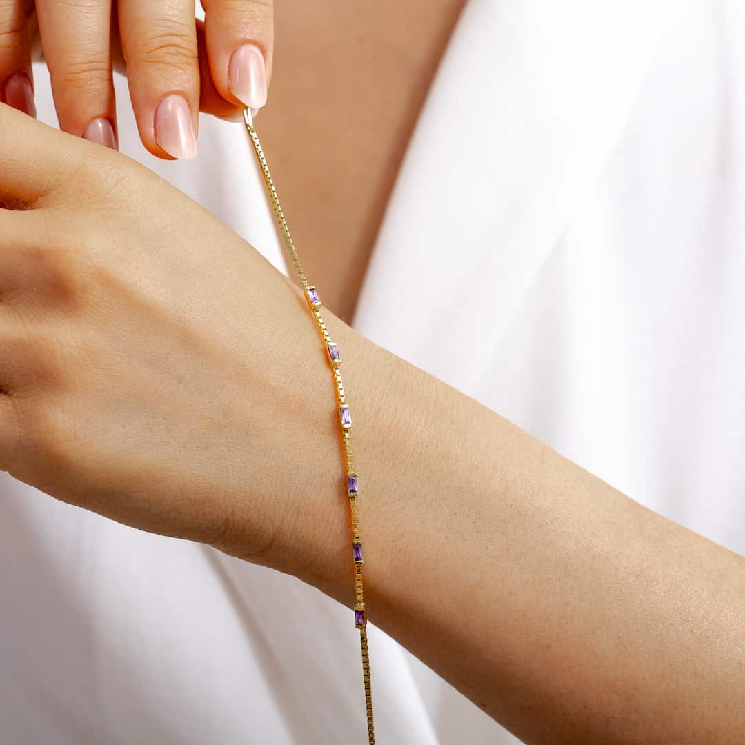 Baguette Birthstone Bracelet with Box Chain