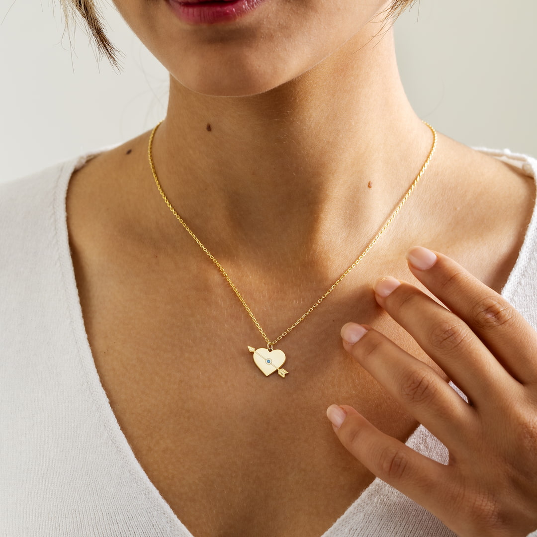 Heart Necklace with Arrow and Birthstone