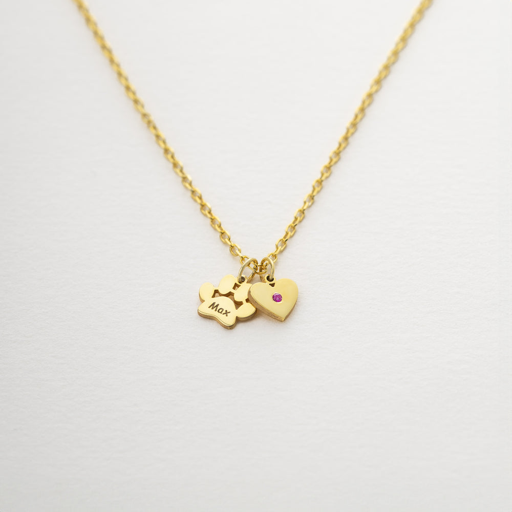 Engraved Paw and heart Birthstone necklace