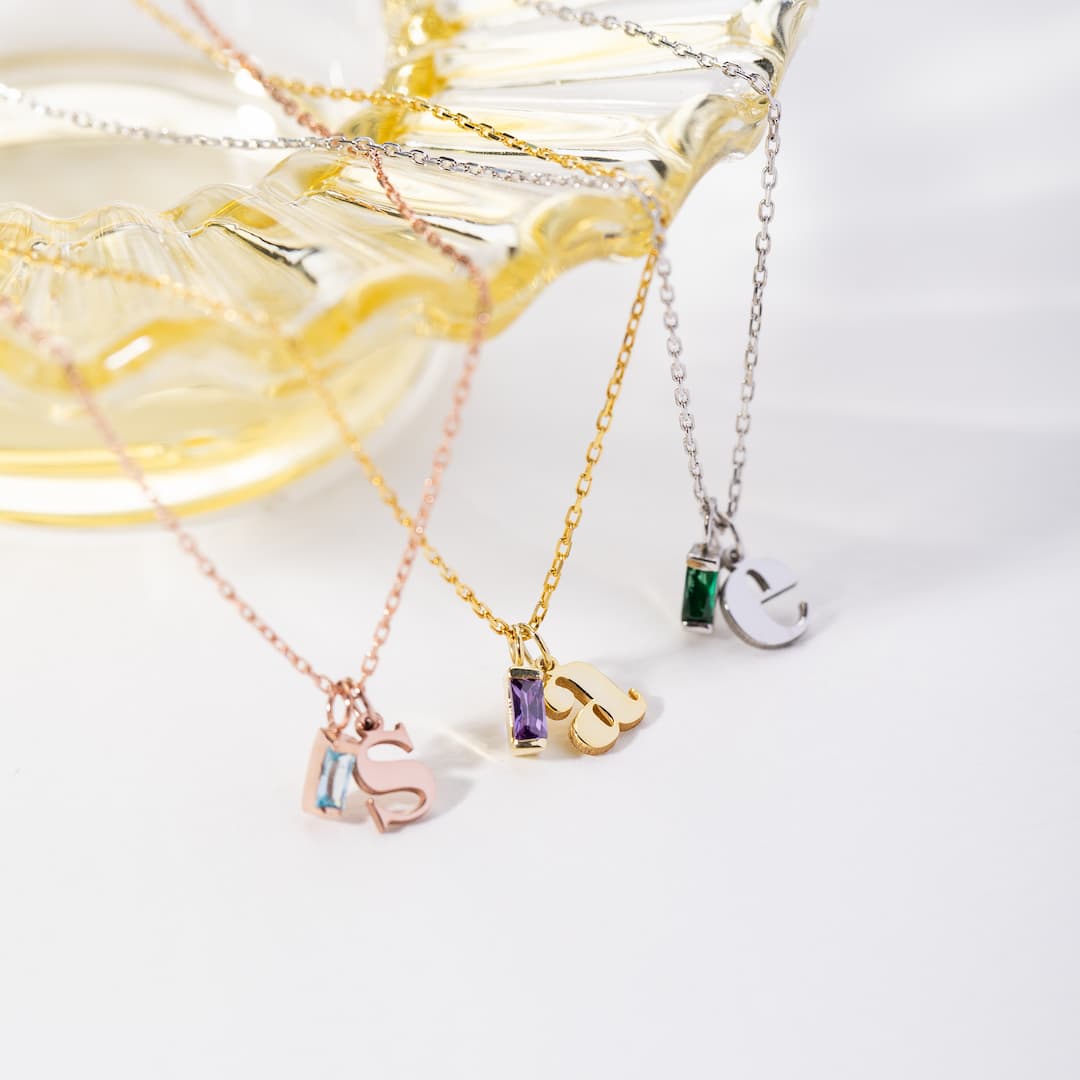 Initial Birthstone Necklace Custom Letter Charm