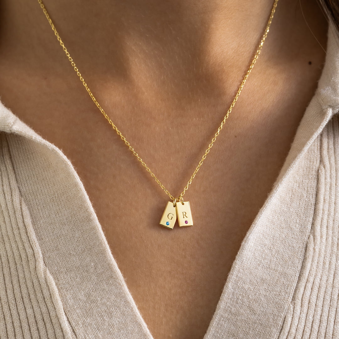 Initial Tag Necklace with Birthstone