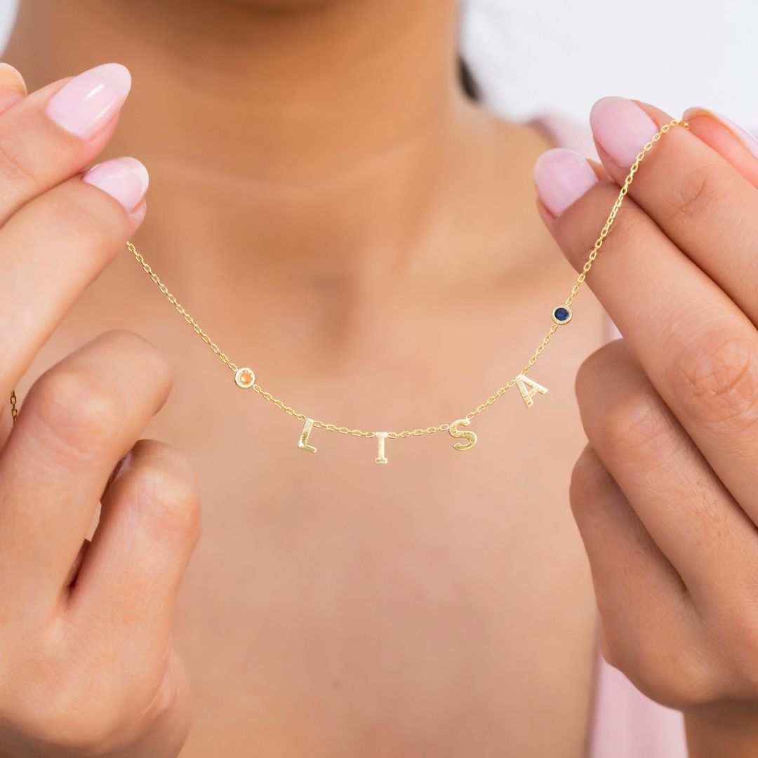 Name Necklace with Birthstone