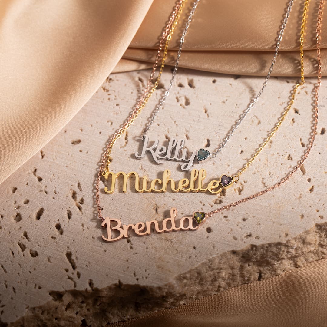 Name necklace with heart birthstone