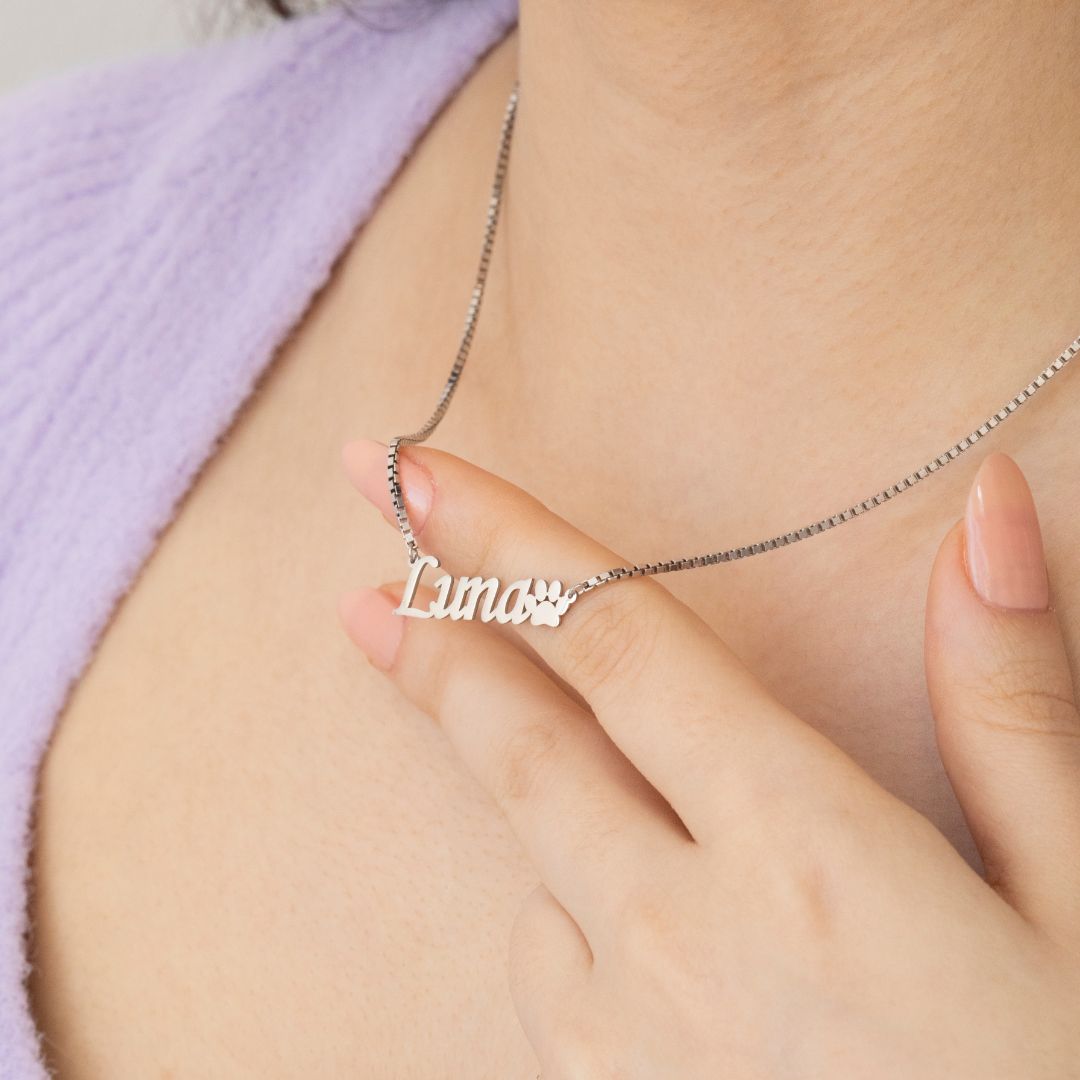 Paw Name Necklace with Box Chain Silveristic