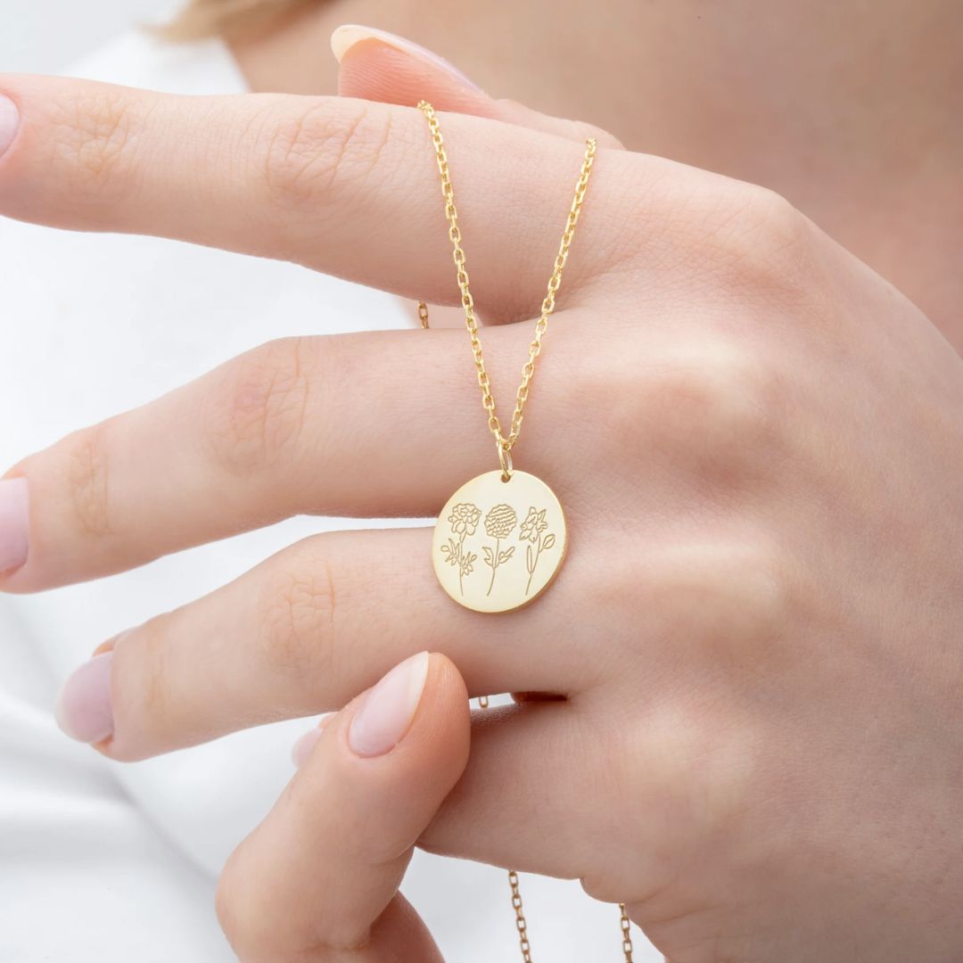 Personalized Birth Flower Disk Charm Necklace 