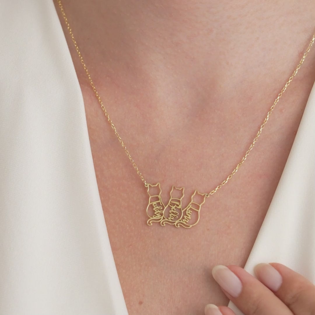 Video of the personalized cat name necklace with three named cats in gold
