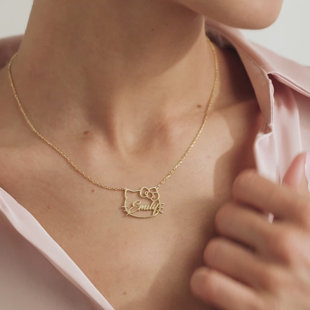 Cat Face with Name Charm Necklace 