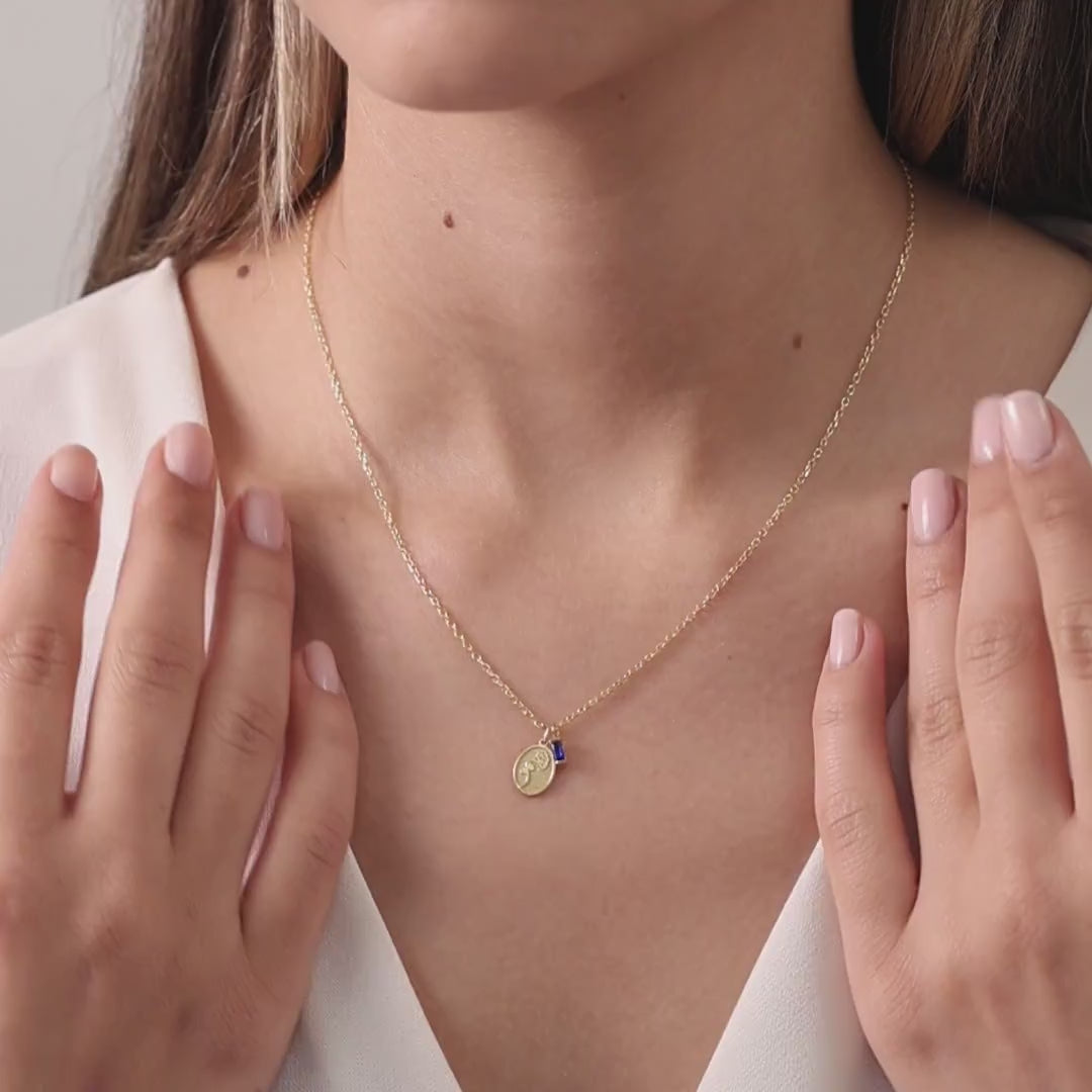 Baguette Birthstone and Birthflower Oval Charm Necklace