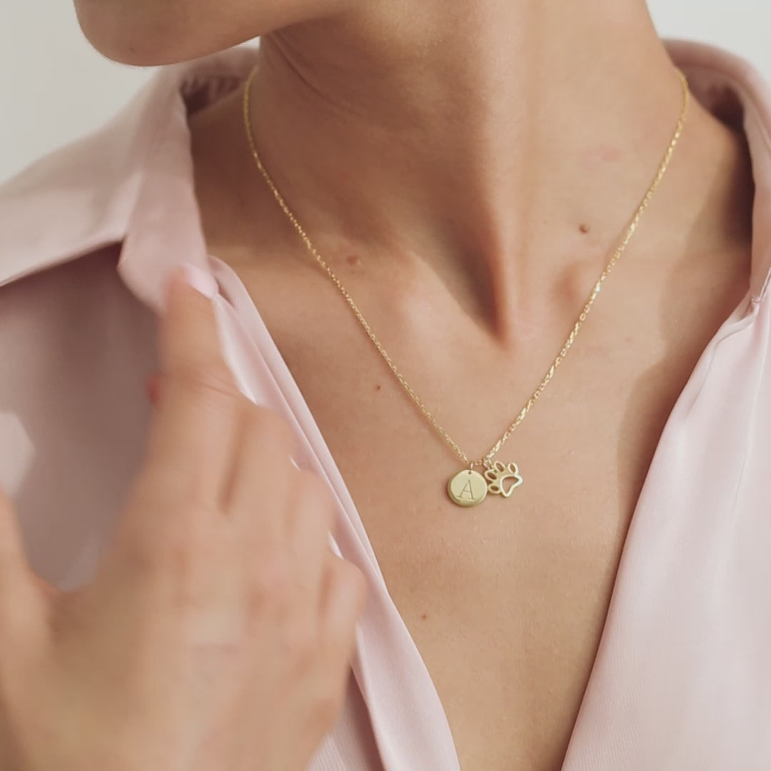 Engraved Disc Paw Pendant Charm Necklace 