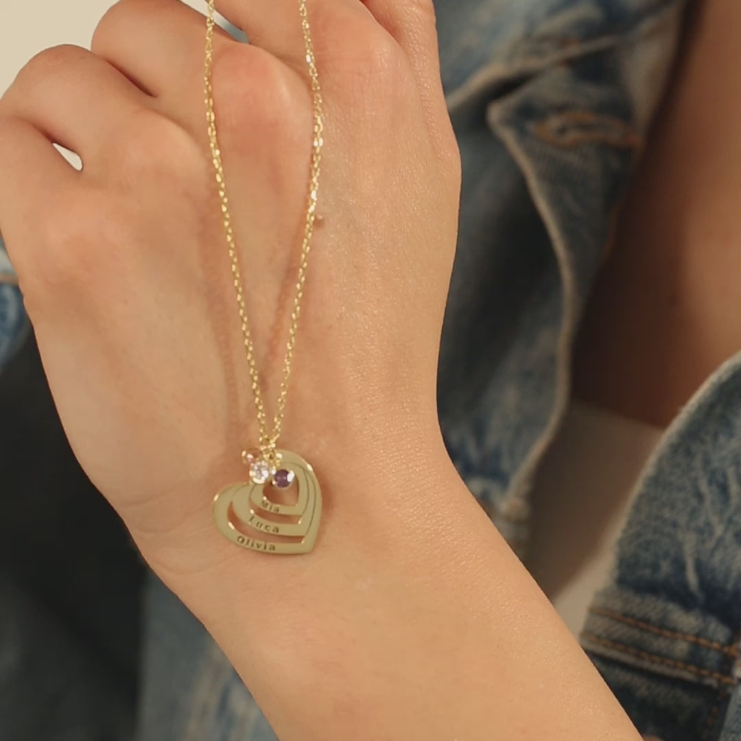 Multiple Name Heart with Birthstone Necklace Charms