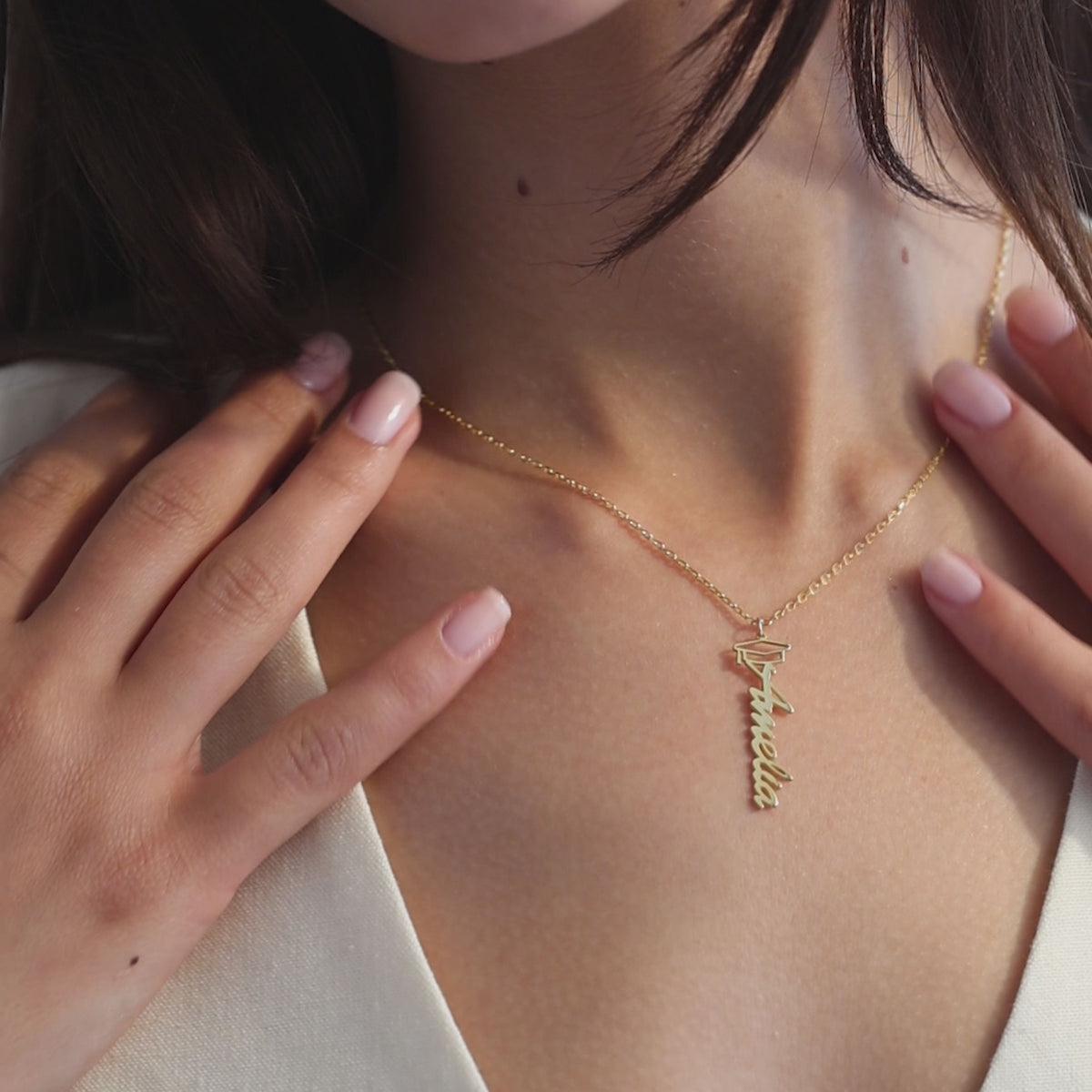 Vertical Graduation Name Charm Necklace with Cap