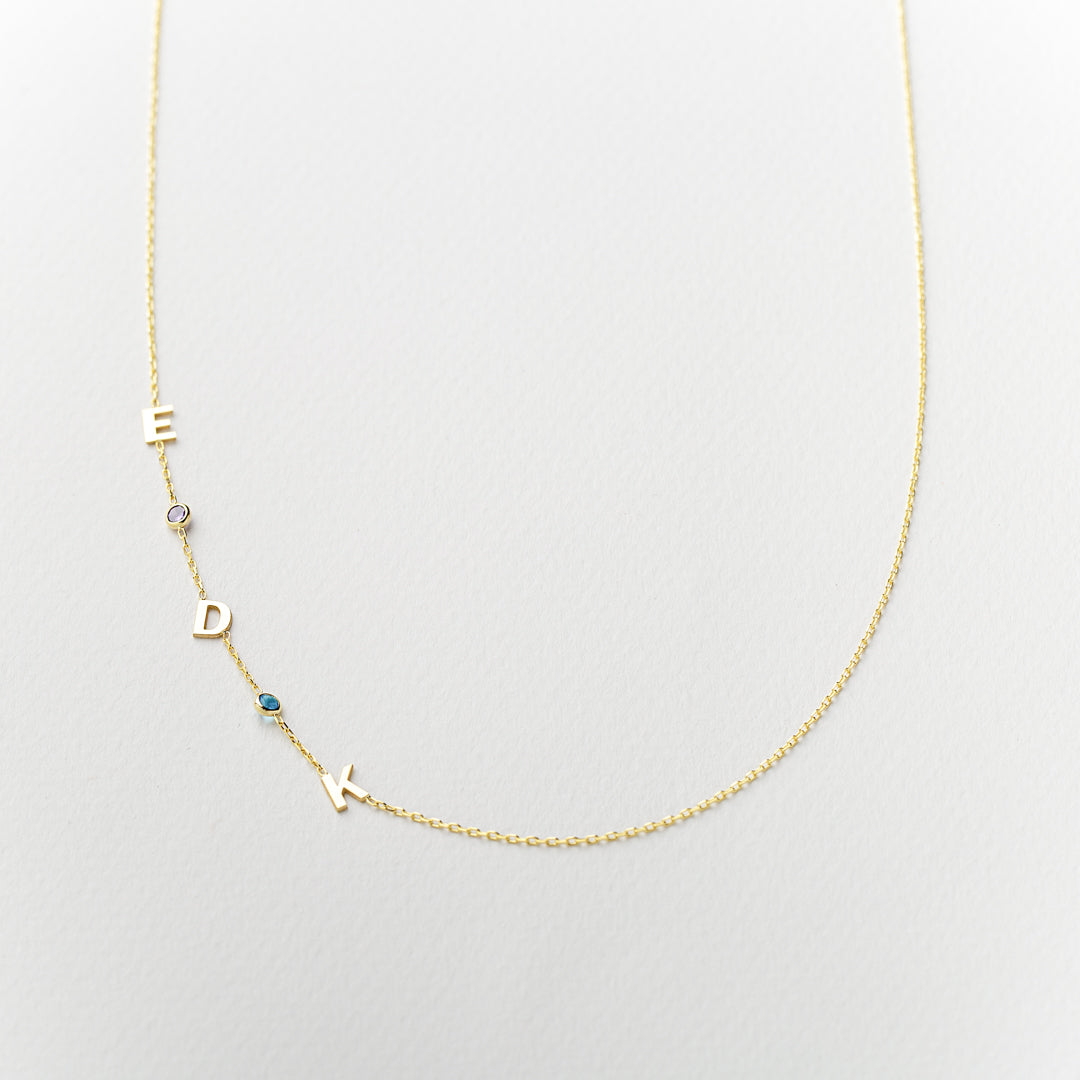 Sideways Cross on Necklace with Birthstone & Initial