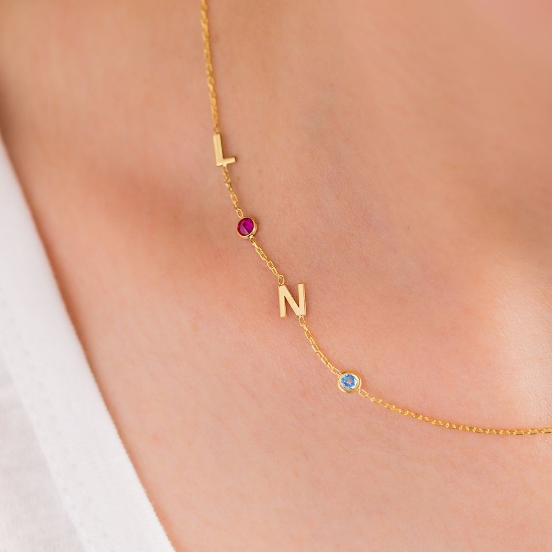 Sideways Cross on Necklace with Birthstone & Initial
