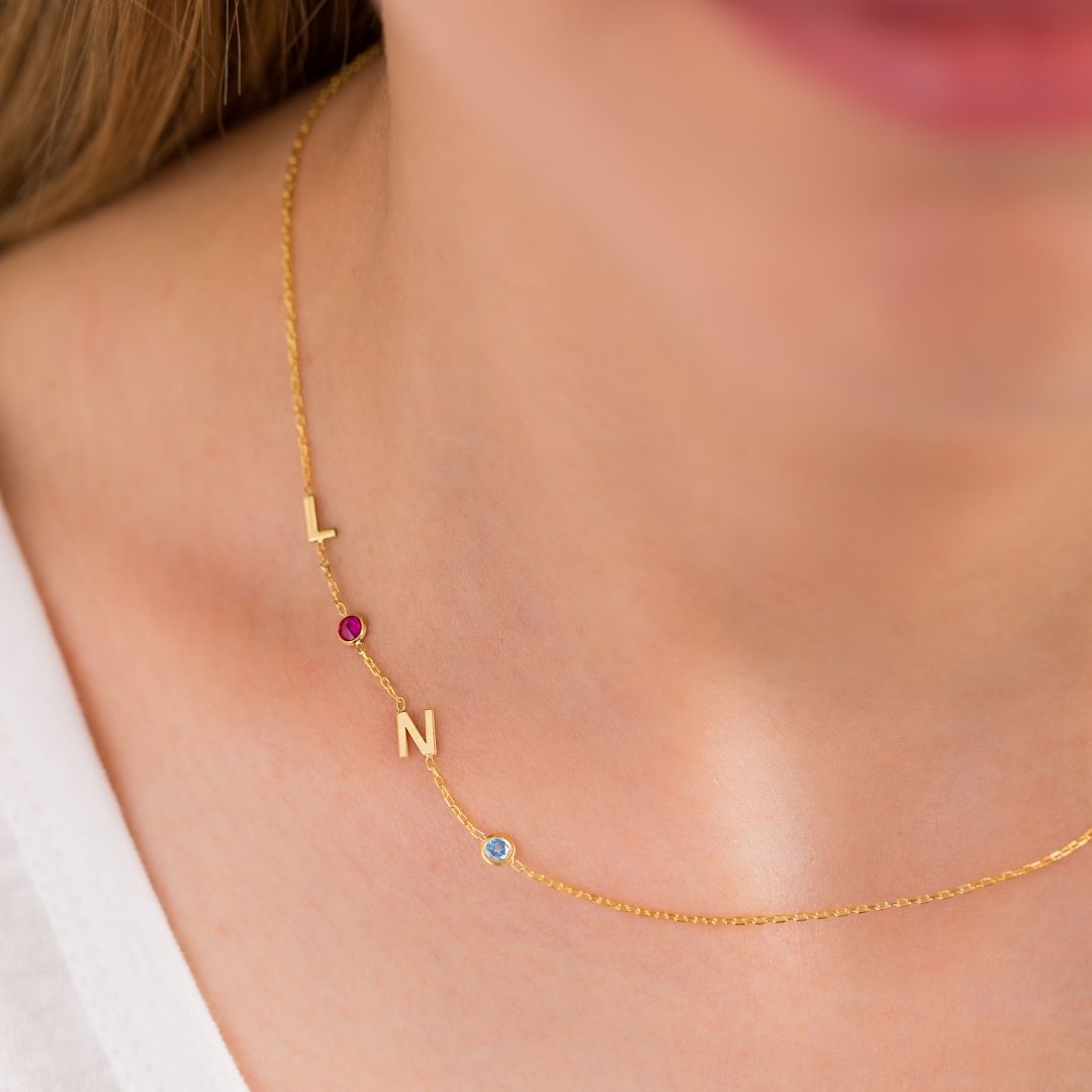 Sideways Cross on Necklace with Birthstone & Initial