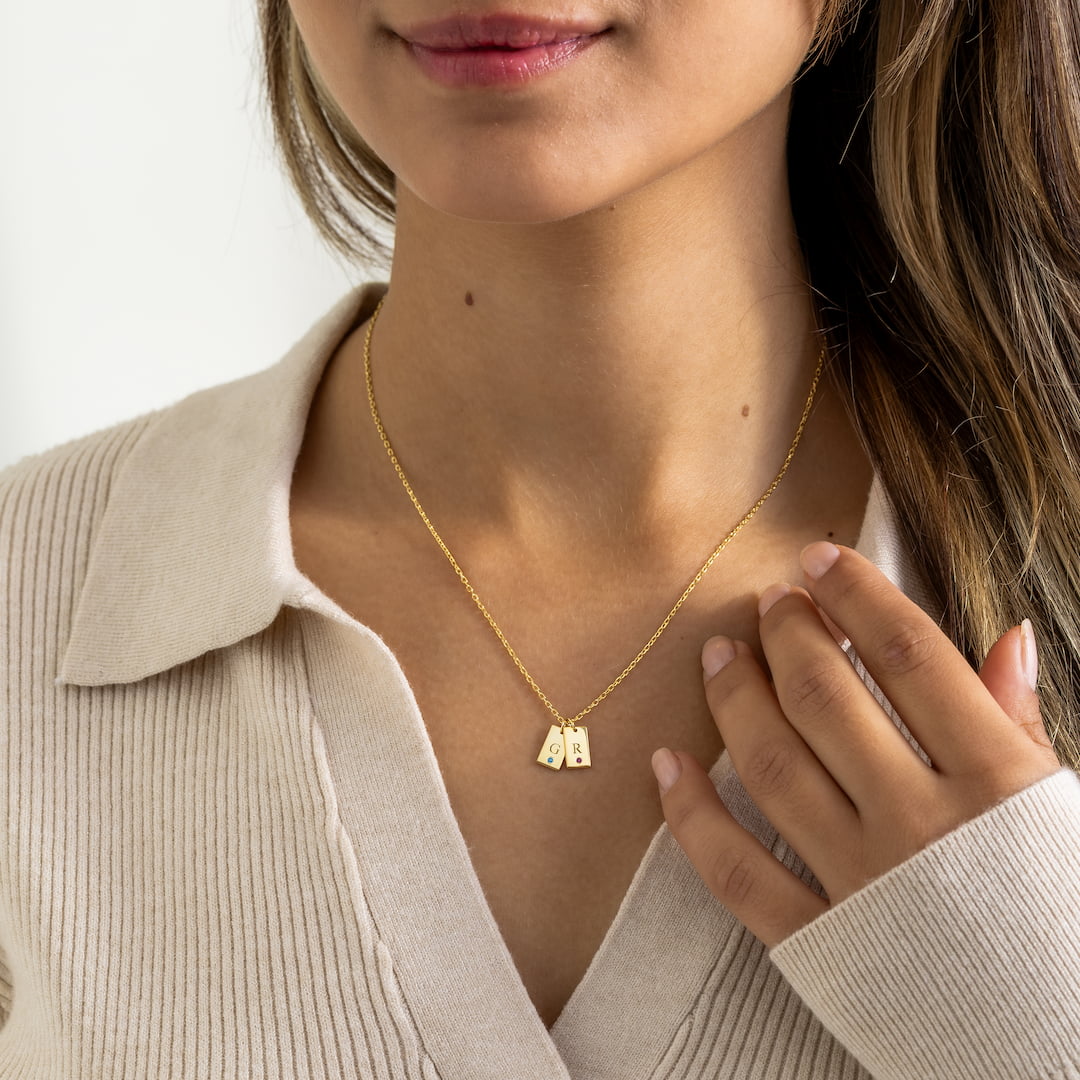 Initial Tag Necklace with Birthstone