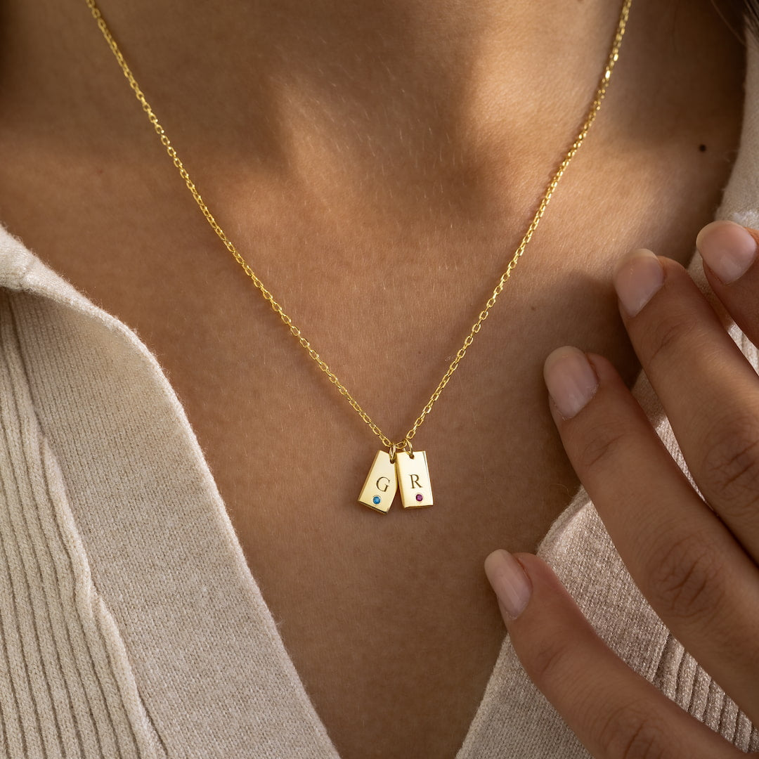 Initial Tag Necklace with Birthstone