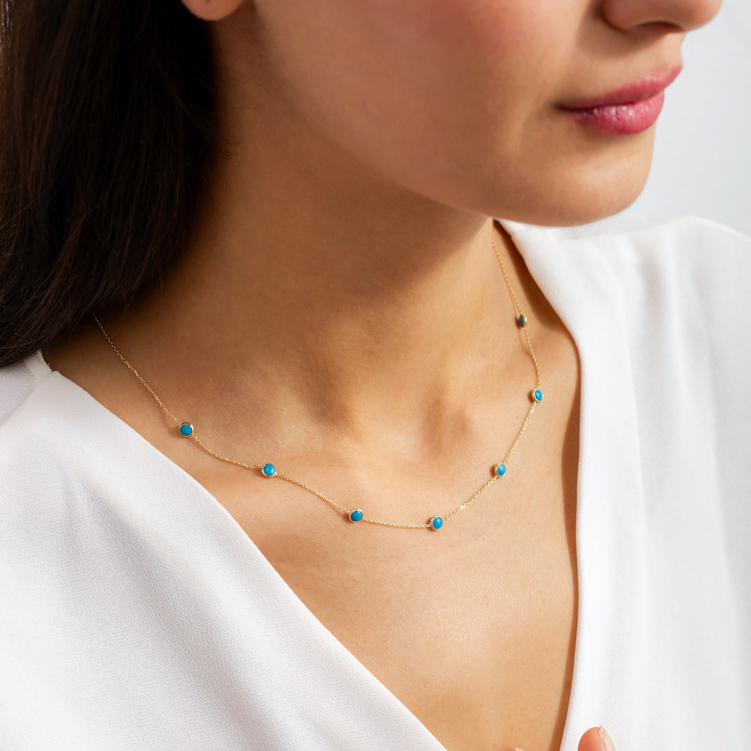 14K Solid Gold Blue Turquoise Necklace