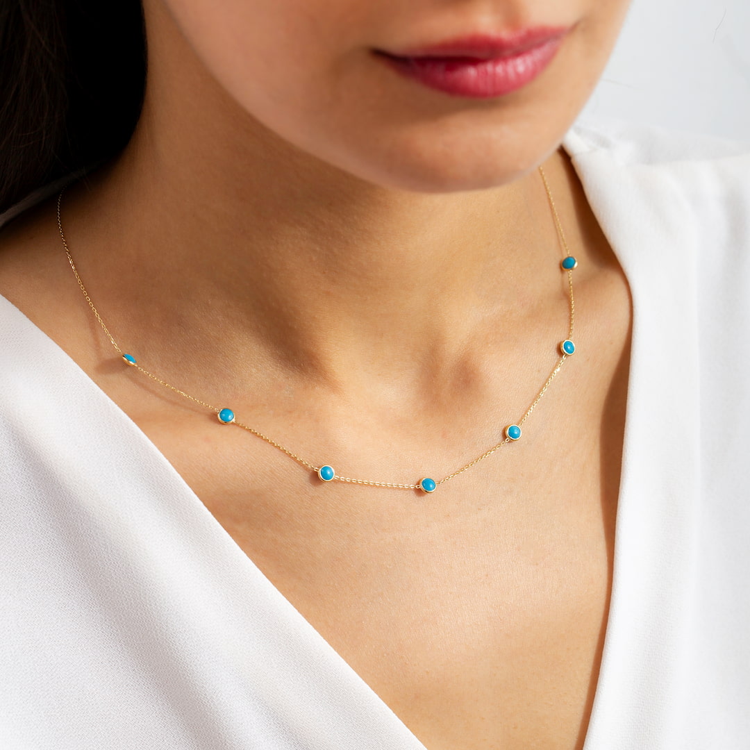 14K Solid Gold Blue Turquoise Necklace