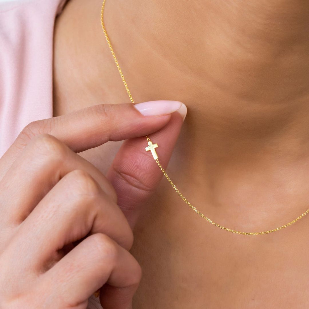 14K Solid Gold Sideways Cross Necklace