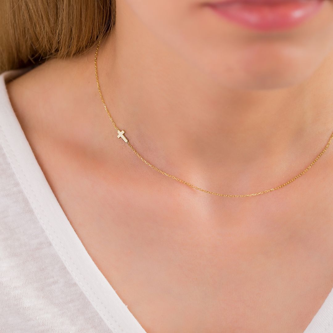 14K Solid Gold Sideways Cross Necklace