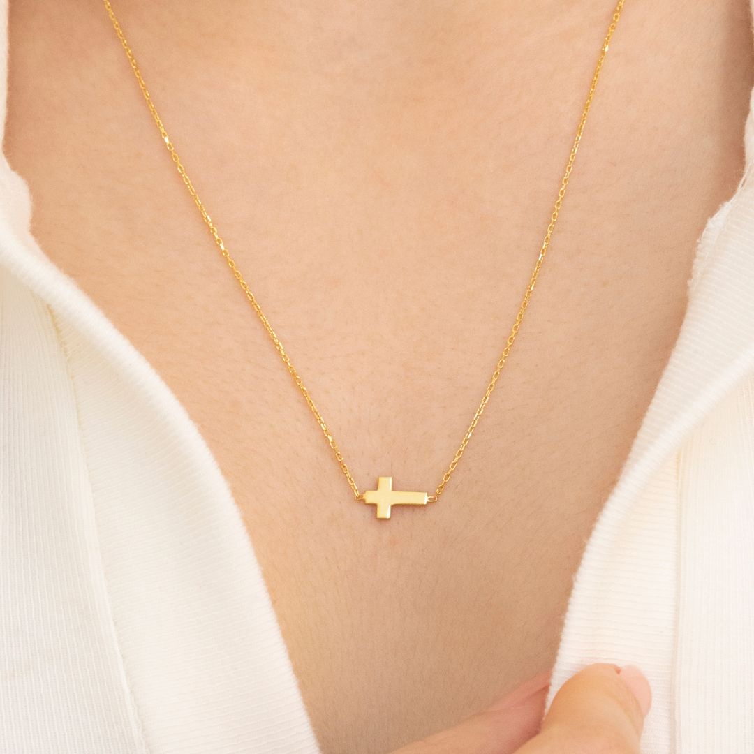 14K Solid Gold Centered Sideways Cross Necklace
