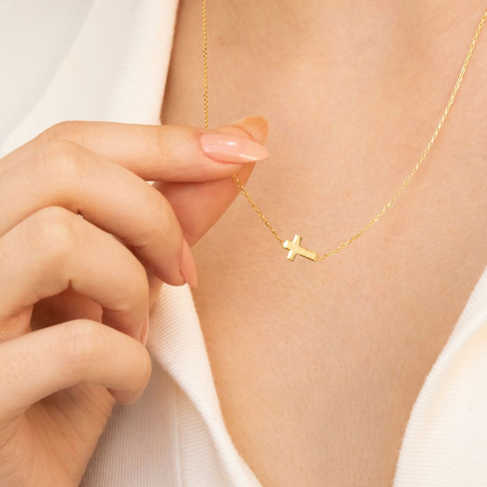 14K Solid Gold Centered Sideways Cross Necklace