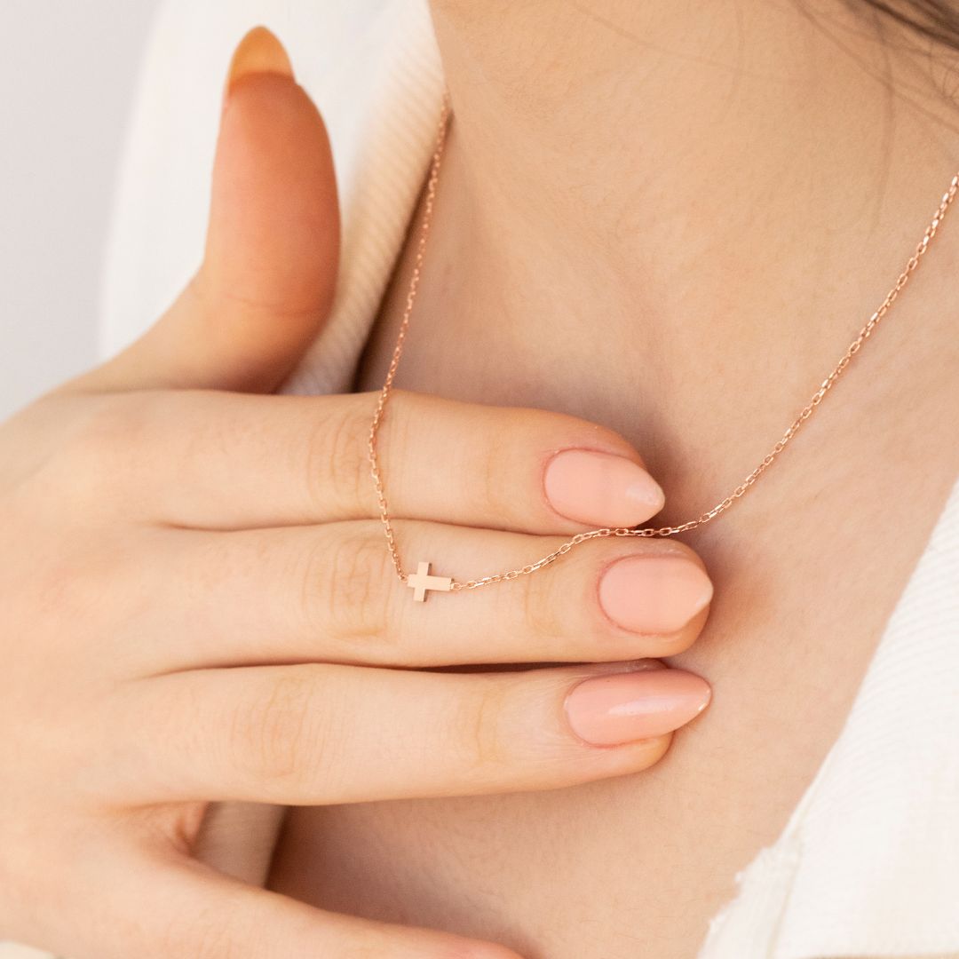 14K Solid Gold Centered Sideways Cross Necklace